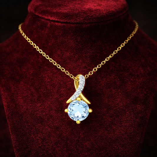 Blue Topaz Pendant With Diamond Kiss Solid Yellow Gold 18" 46cm Length Chain