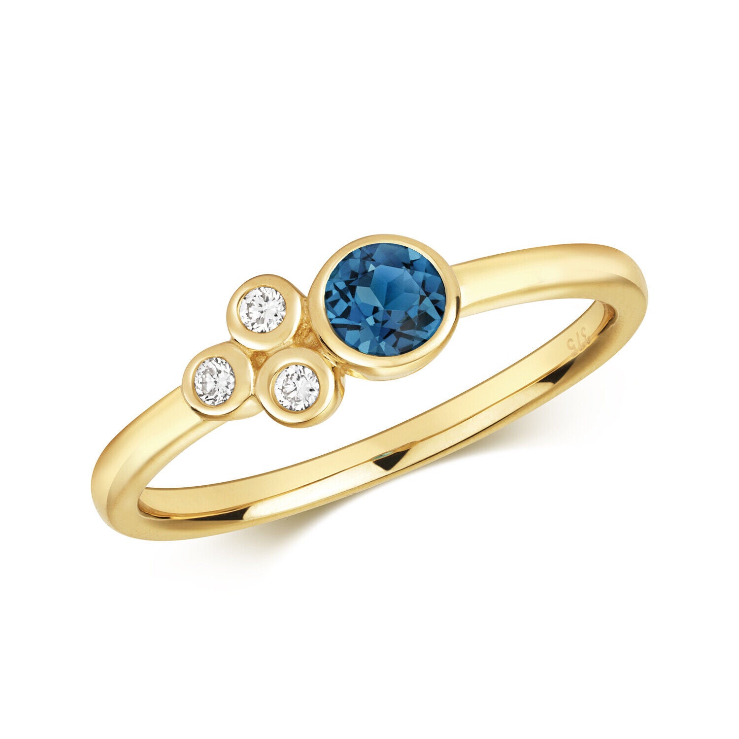 Real London Blue Topaz and Diamond Ring Solid Yellow Gold Solitaire Size J-Q