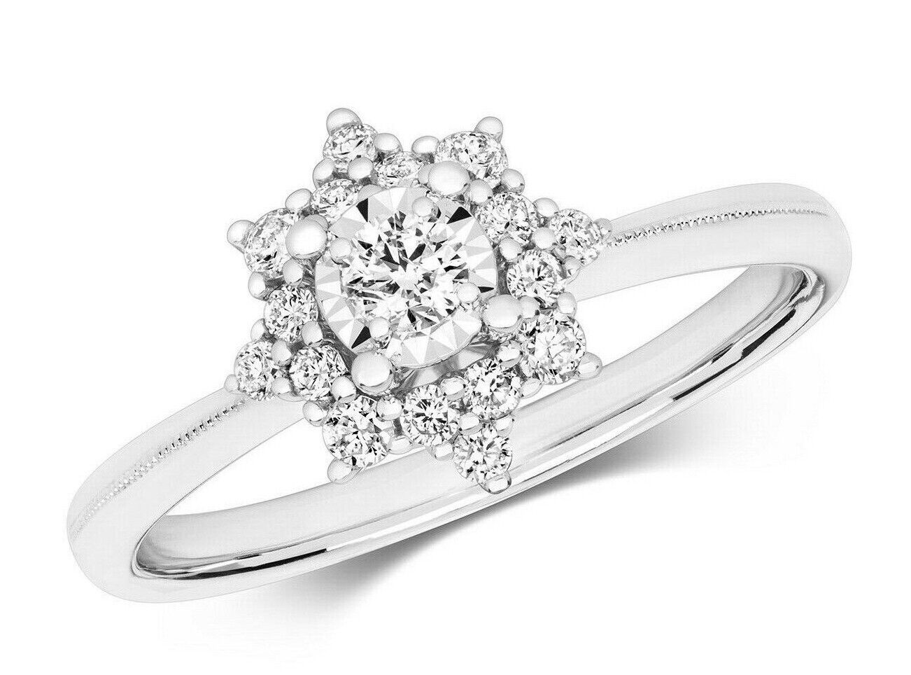 Real Diamond Ring Engagement Cluster 9ct White Gold 0.32ctw Size J - Q
