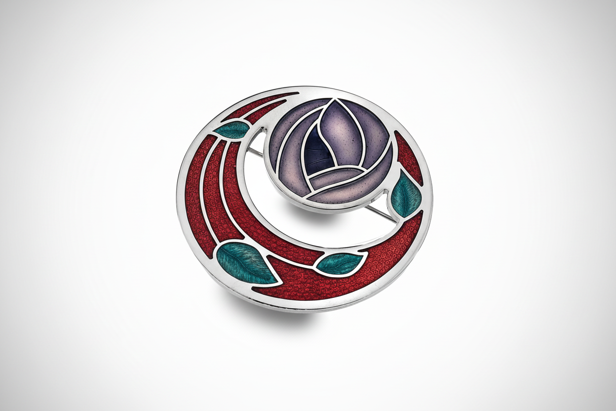 Red Mackintosh Rose and Coils Brooch Silver Plated Brand New Gift Packaging