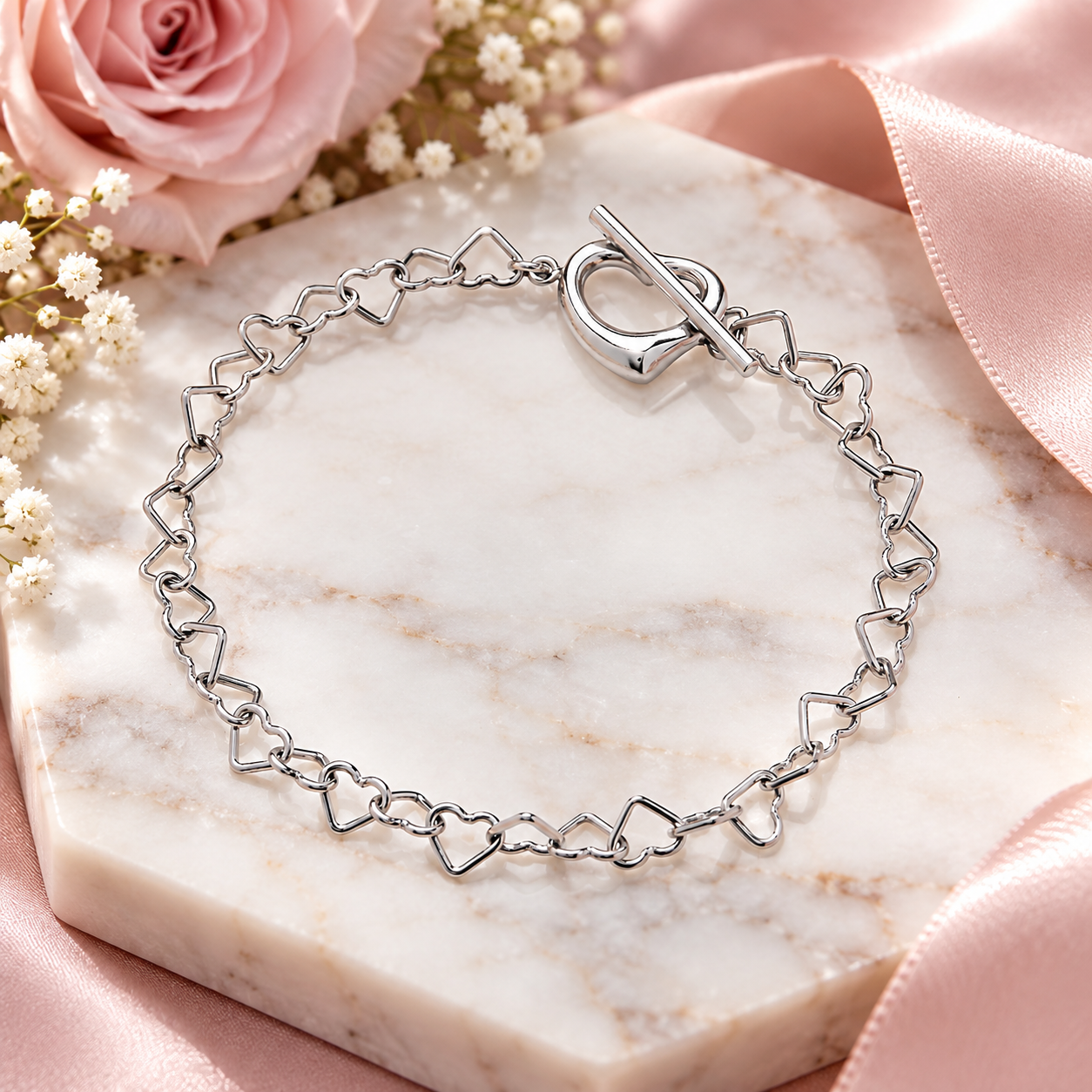 Sterling Silver Heart Link Chain Bracelet Toggle Clasp 925 Romantic Gift