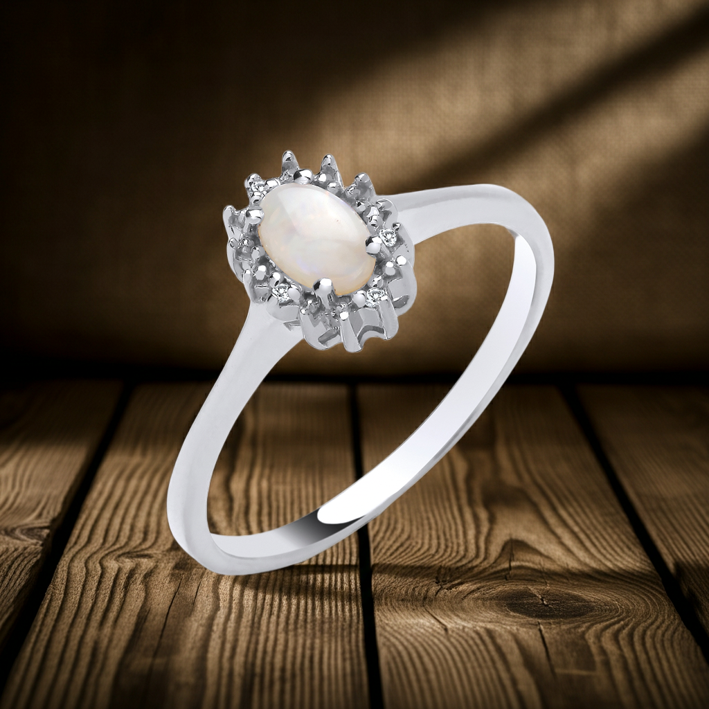 Natural Opal and Diamond Cluster Ring Solid Solid Sterling Silver Size J - V