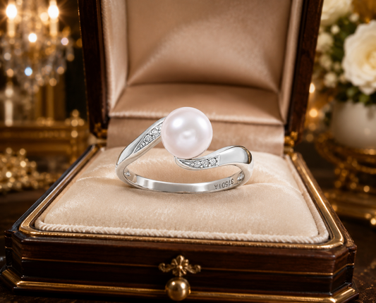 White Gold Freshwater Pearl & Diamond Twist Ring