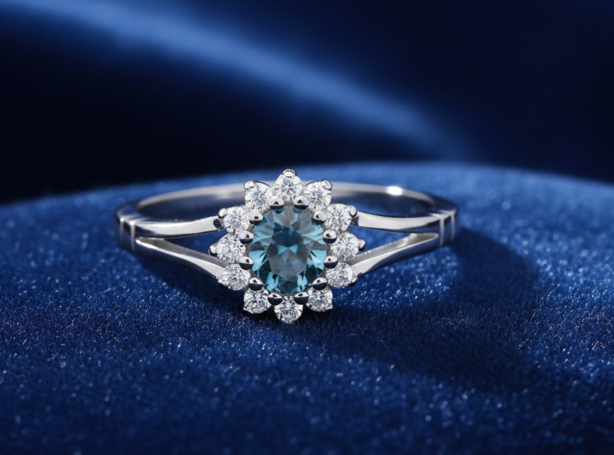 Sterling Silver Aquamarine Ring Oval Cluster Engagement 925 Hallmark Size K-S