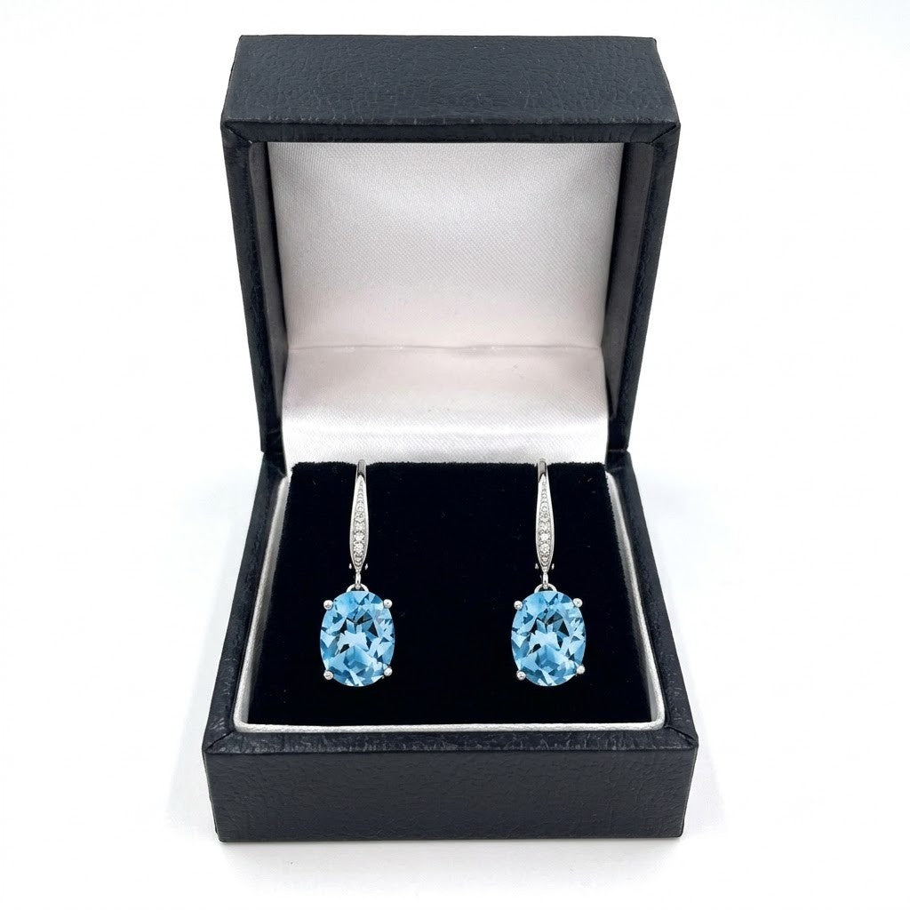 White Gold Oval Light Blue Topaz & Diamond Accent Leverback Drop Earrings New
