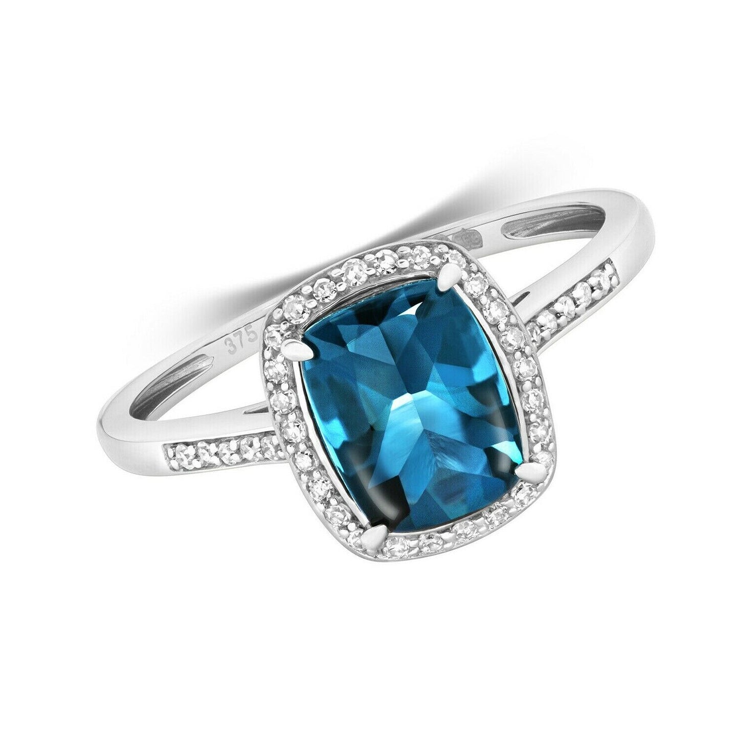9ct White Gold London Blue Topaz and Diamond Ring Cushion Cluster Size J - Q