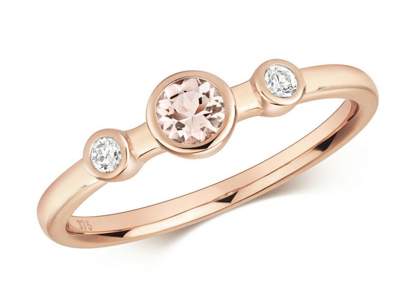 Real Morganite and Diamond Ring Solid Rose Gold Three Stone Solitaire Size J-Q