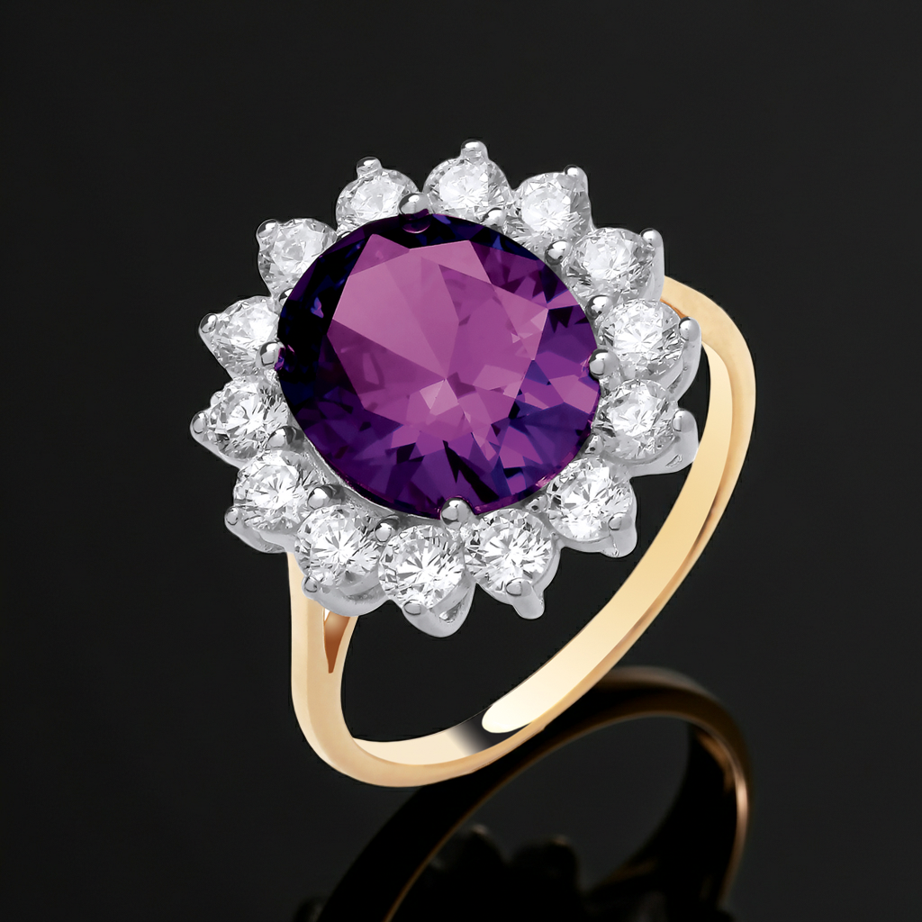 18ct Gold Large Amethyst Ring Cluster on Sterling Silver 925 Hallmark Size K-S