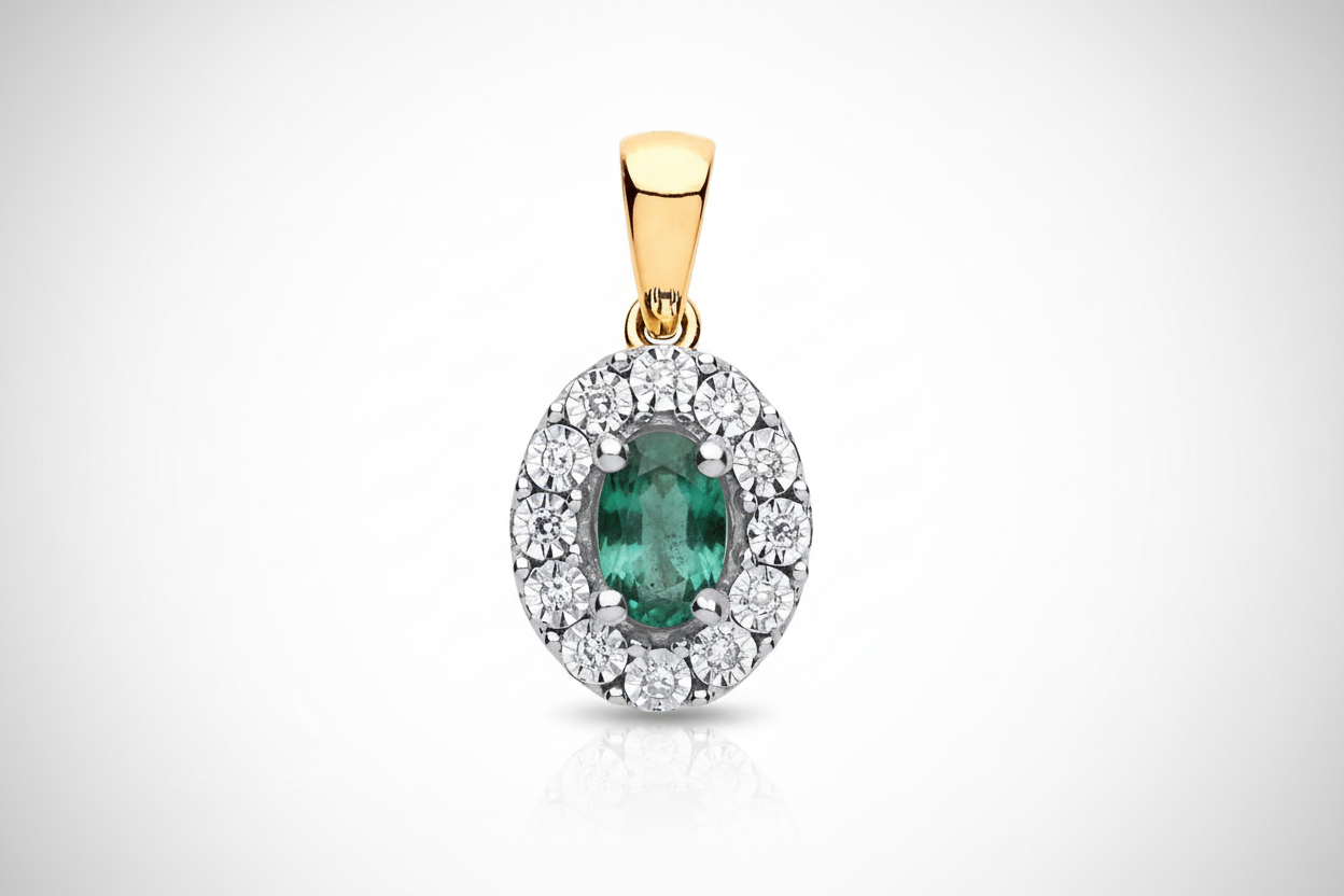 9ct Yellow Gold 0.40ct Emerald Cluster 0.05ct Diamond Pendant