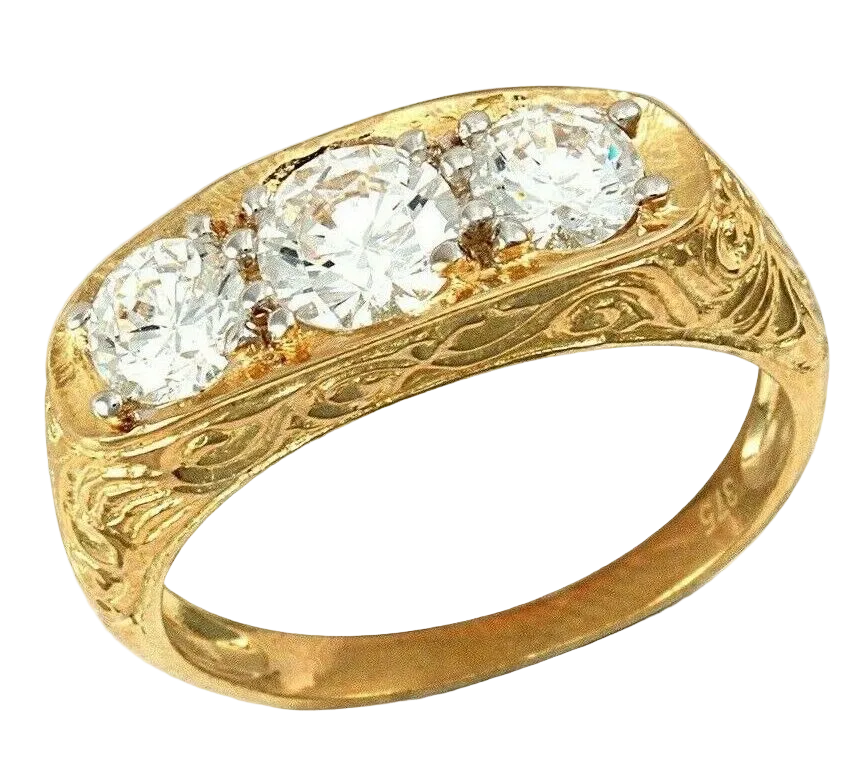 9ct Yellow Gold Gents Three Stone Ring Trilogy Fully Hallmarked