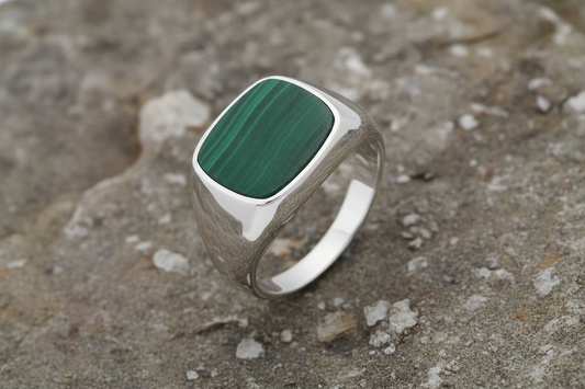 Malachite Cushion Signet Ring Pinky Solid Sterling Silver Engagement size G - S