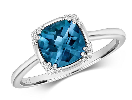 Real London Blue Topaz and Diamond Ring 7mm Cushion Solitaire Size J - Q