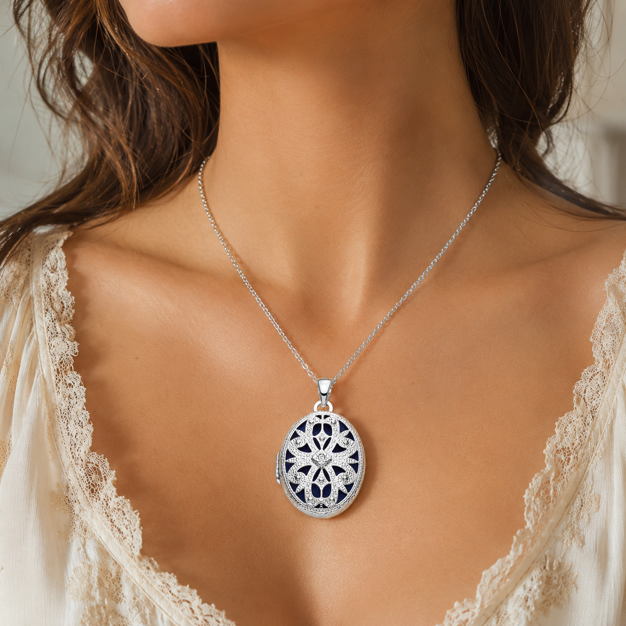 Elegant Oval Filigree Locket Pendant Natural Diamond Sterling Silver 18" Chain