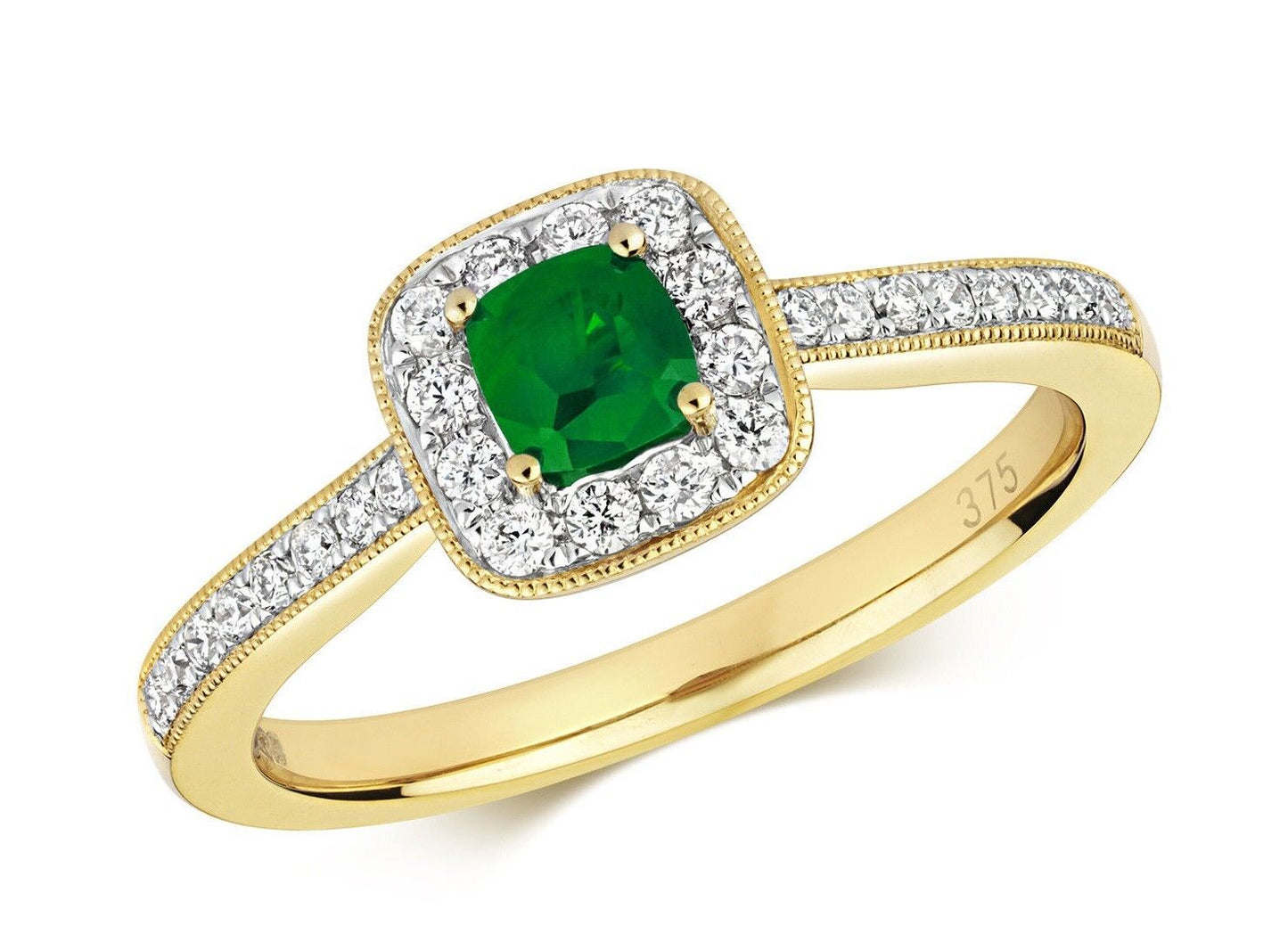 Real Emerald and Diamond Ring 9ct Yellow Gold Cushion Cluster Engagement