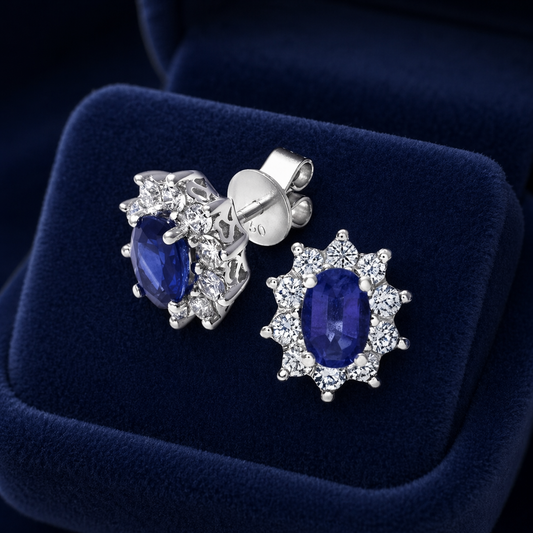 Natural Sapphire and Diamond Earrings Solid 18ct White Gold Hallmarked
