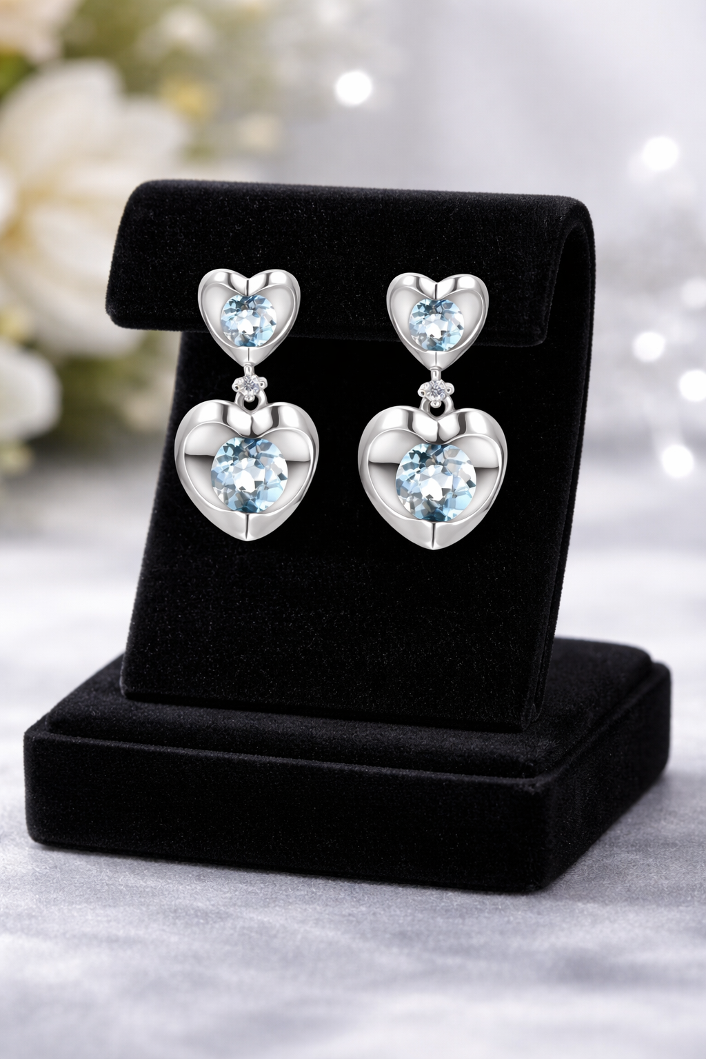 Blue Topaz and Diamond Heart Earrings Solid 9ct White Gold Drop Hallmarked