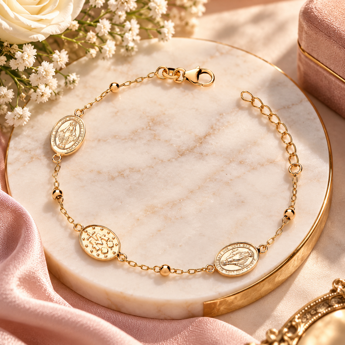 18ct Gold Religious Miraculous Medal Bracelet Virgin Mary on Sterling Silver