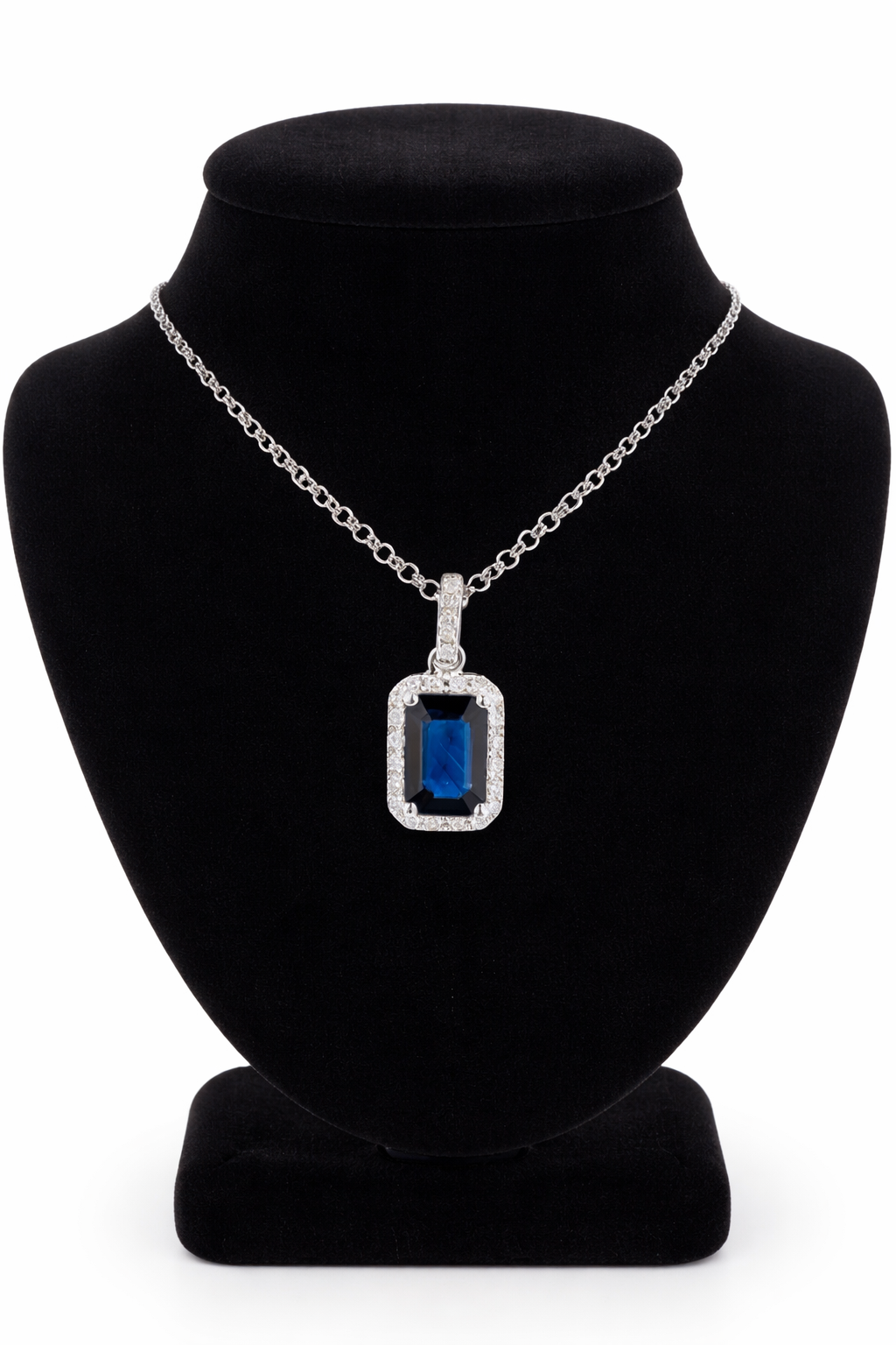 Sapphire and Diamond Halo Pendant 18ct White Gold 16" 41cm Length Chain