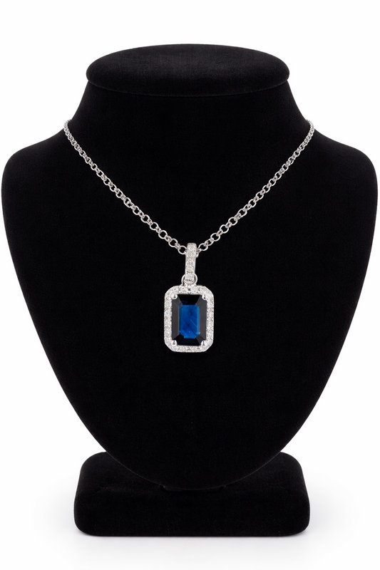 Sapphire and Diamond Halo Pendant 18ct White Gold 16" 41cm Length Chain