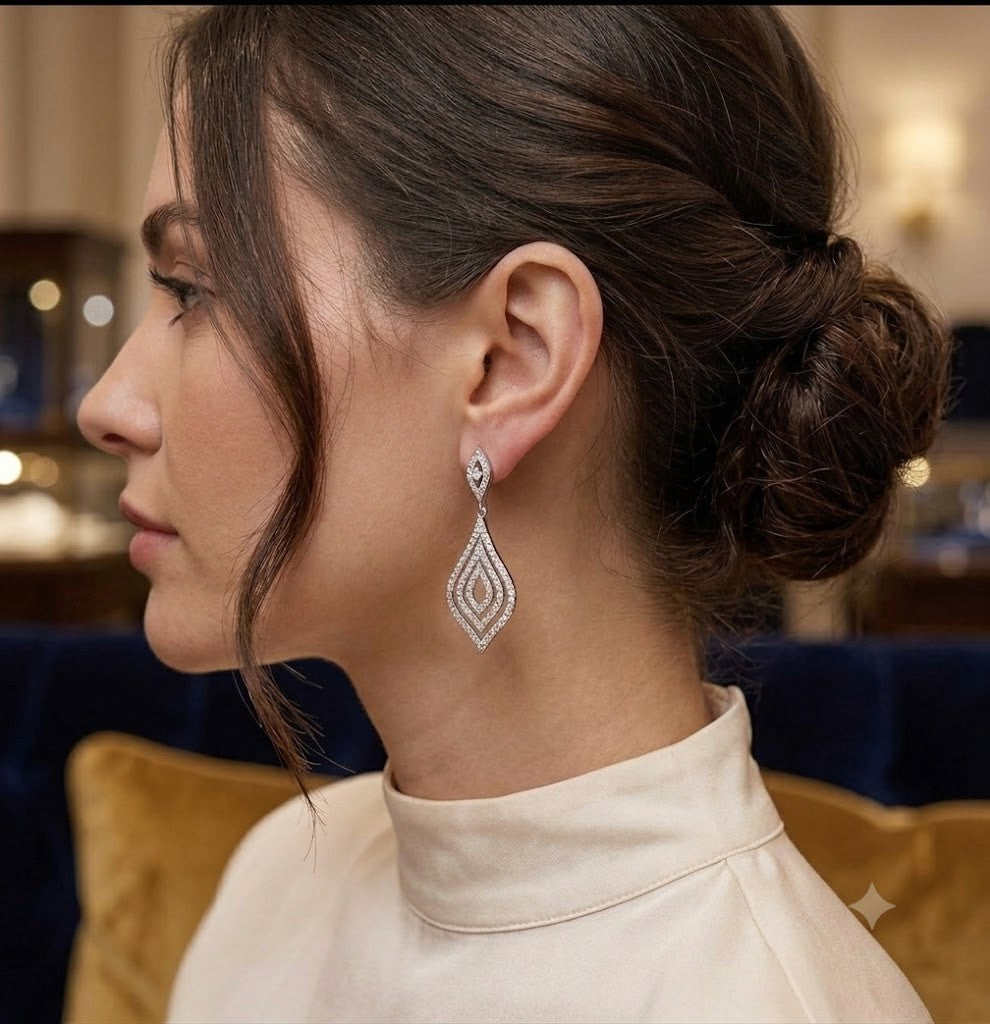 18K White Gold Diamond Marquise Tiered Openwork Dangle Drop Earrings