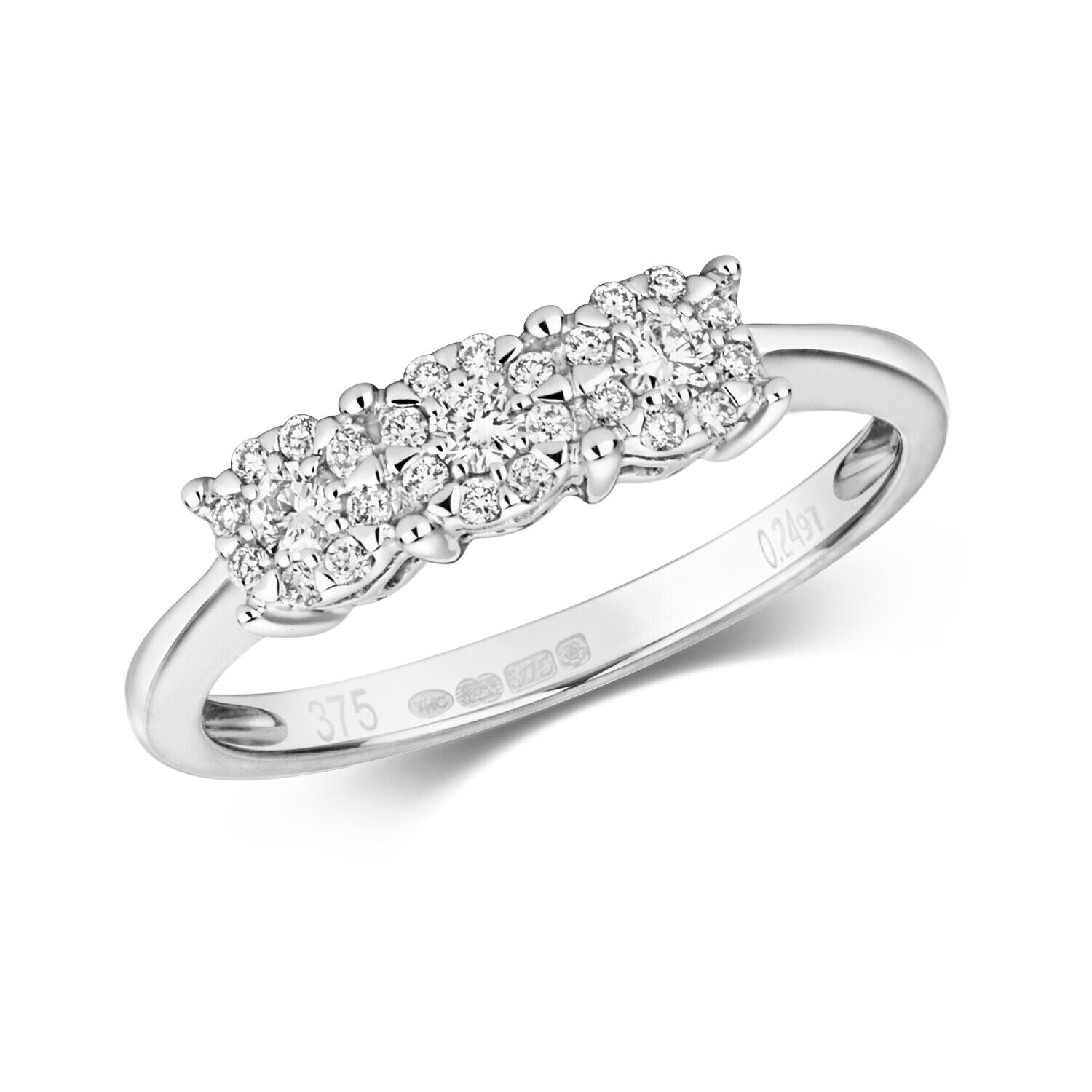 Real Diamond Ring Three Stone Cluster 9ct White Gold Trilogy 0.24ctw Size J-Q