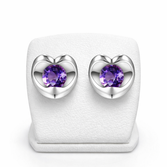 Natural Amethyst Heart Stud Earrings 9ct White Gold Hallmarked