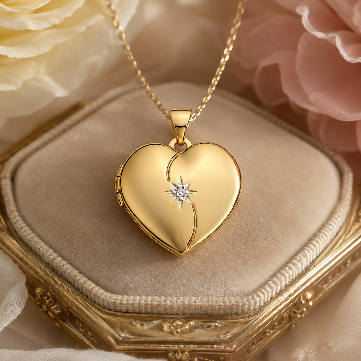 Heart Shaped Gold Locket Pendant Real Diamond on Sterling Silver 18" Chain