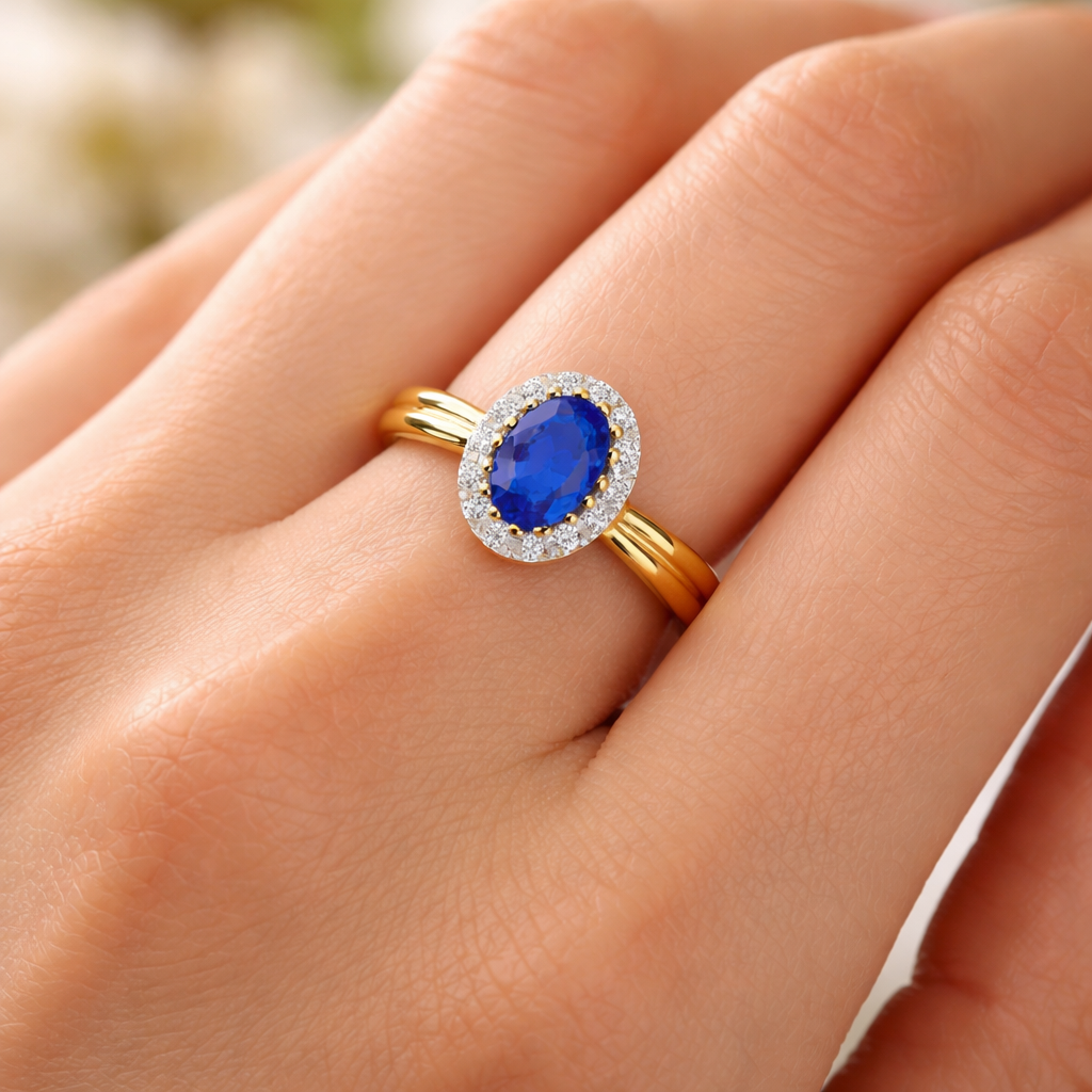 Sapphire and Diamond Cluster Ring 9ct Yellow Gold Oval Engagement Hallmarked