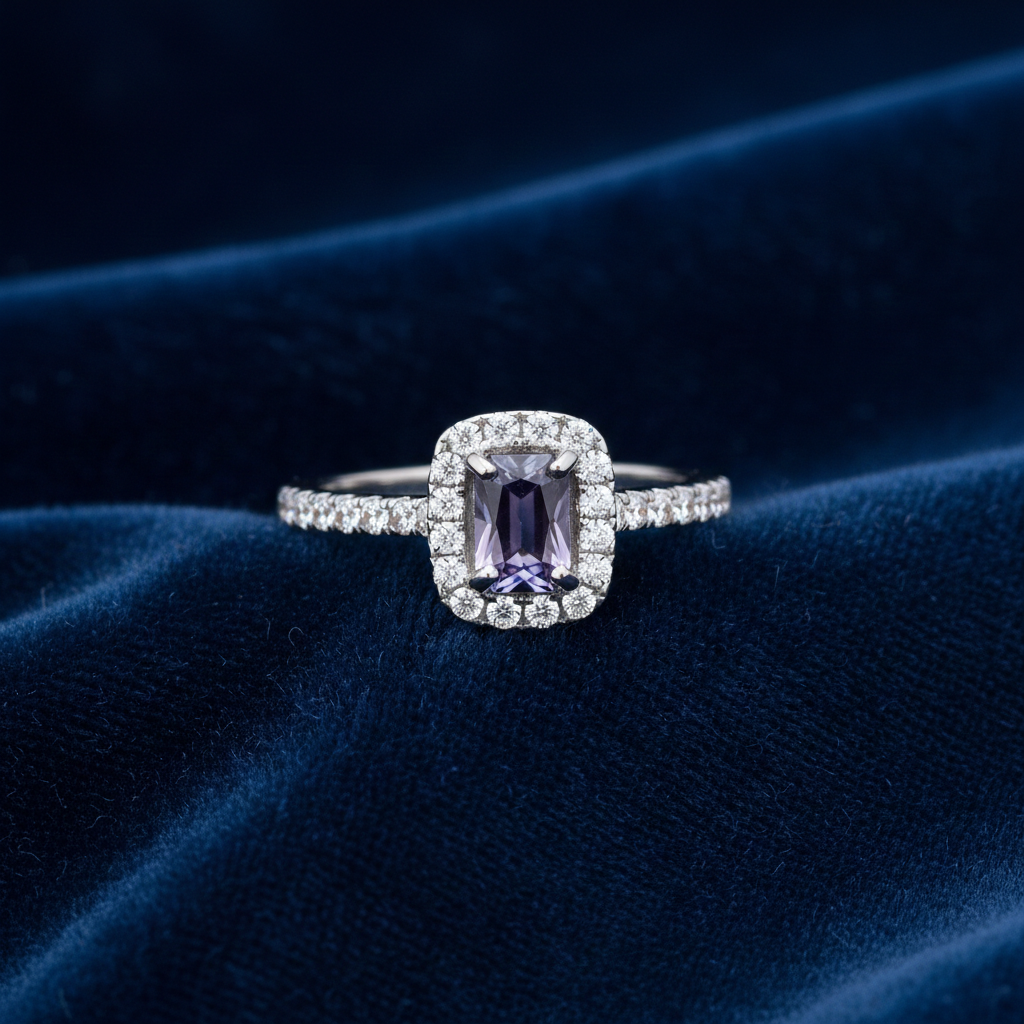 Sterling Silver Tanzanite Ring Rectangular Halo Engagement 925 Hallmark Size K-S
