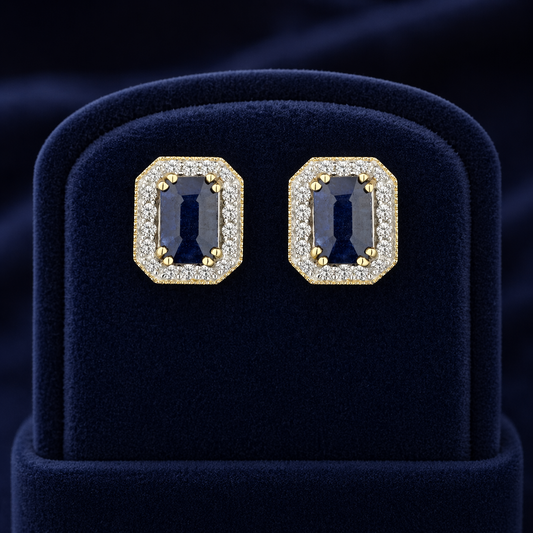 Natural Sapphire and Diamond Stud Octagon Cluster Earrings 9ct Yellow Gold