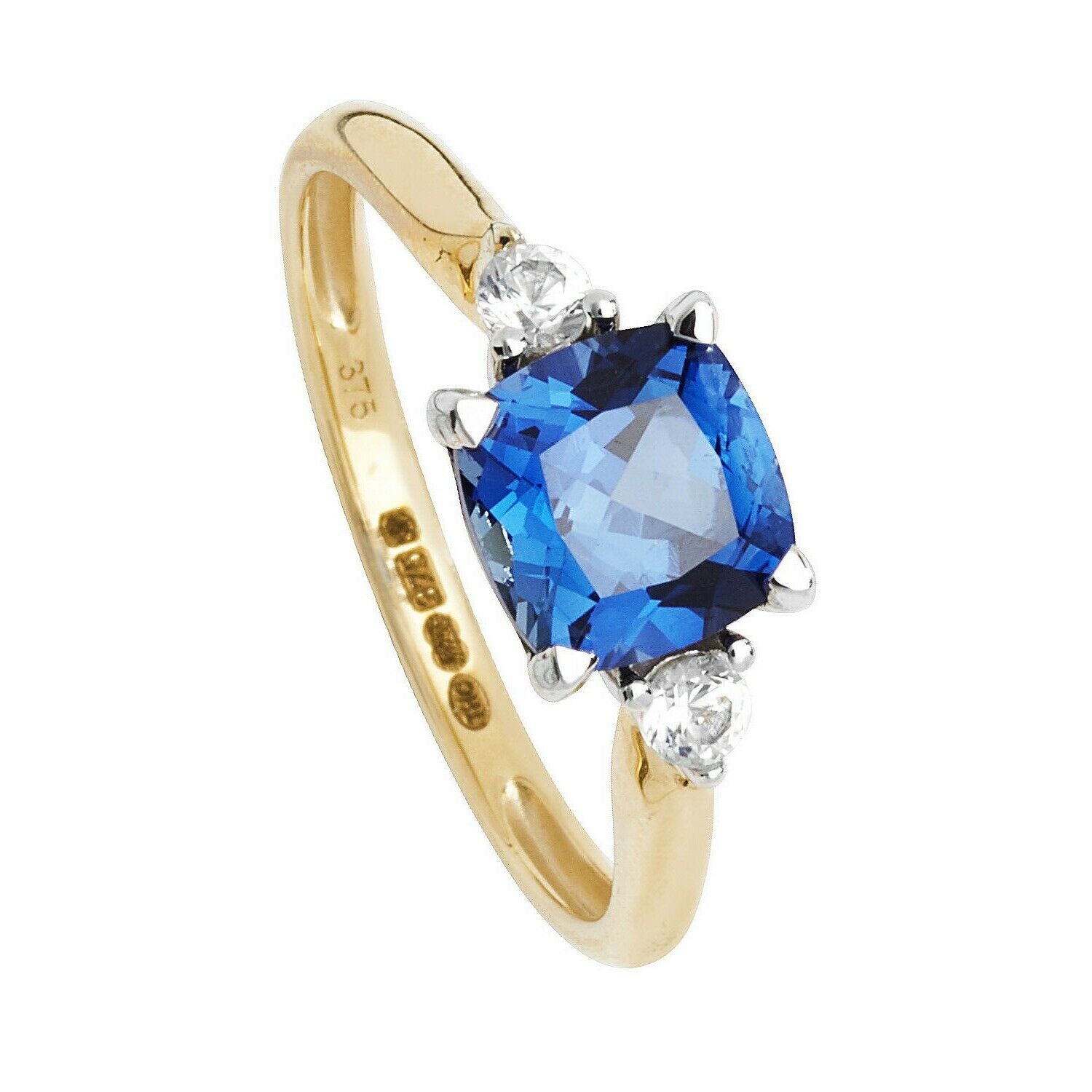 Yellow Gold Sapphire Solitaire Ring Cushion White Sapphire Engagement Hallmarked