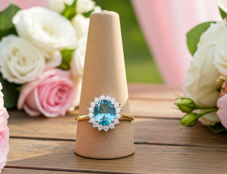 18ct Gold Aquamarine Cluster Ring on Solid Sterling Silver 925 Hallmark Size J-V