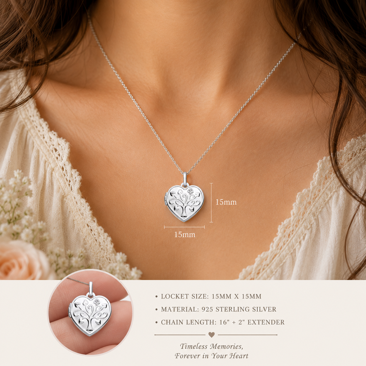 Heart-Shaped Tree of Life Locket Necklace Solid Silver "Love You Always"