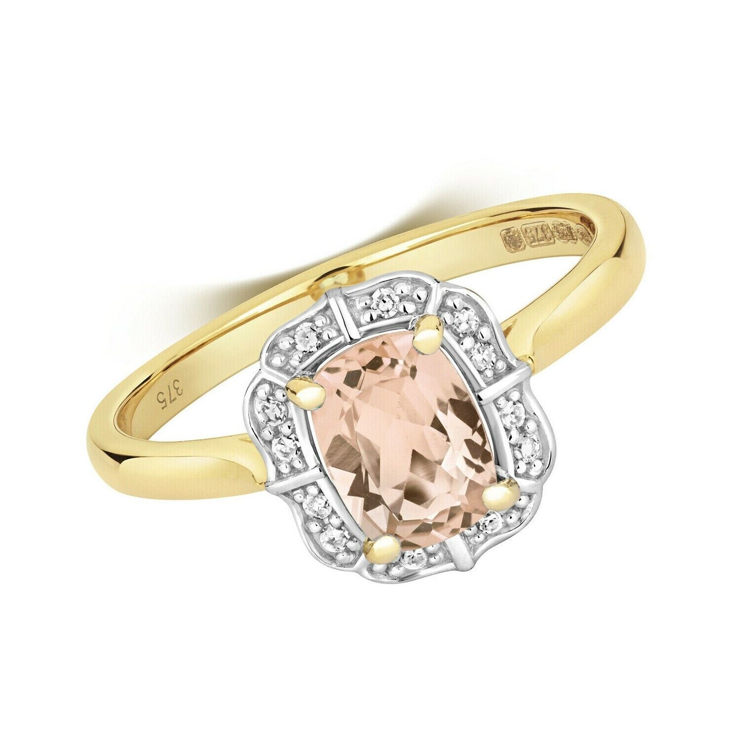 Real Morganite and Diamond Ring Solid Yellow Gold Cushion Cluster Size J - Q