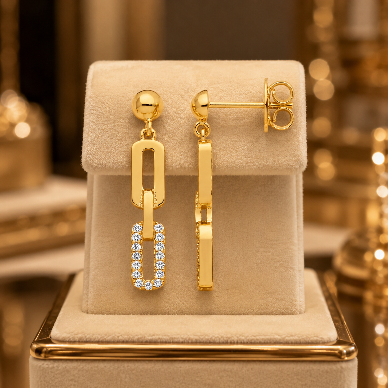 9ct Yellow Gold Diamond Set Geometric Drop Stud Earrings Ladies Gift Bridal