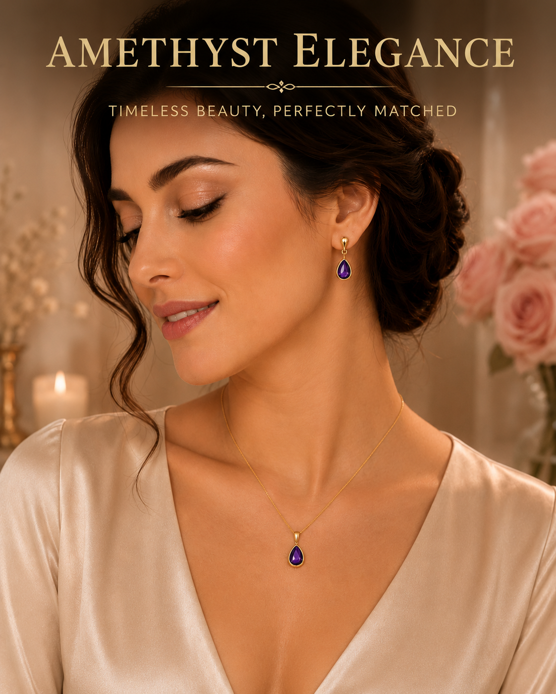 Timeless Amethyst Pendant and Matching Earrings Teardrop Set Solid Yellow Gold