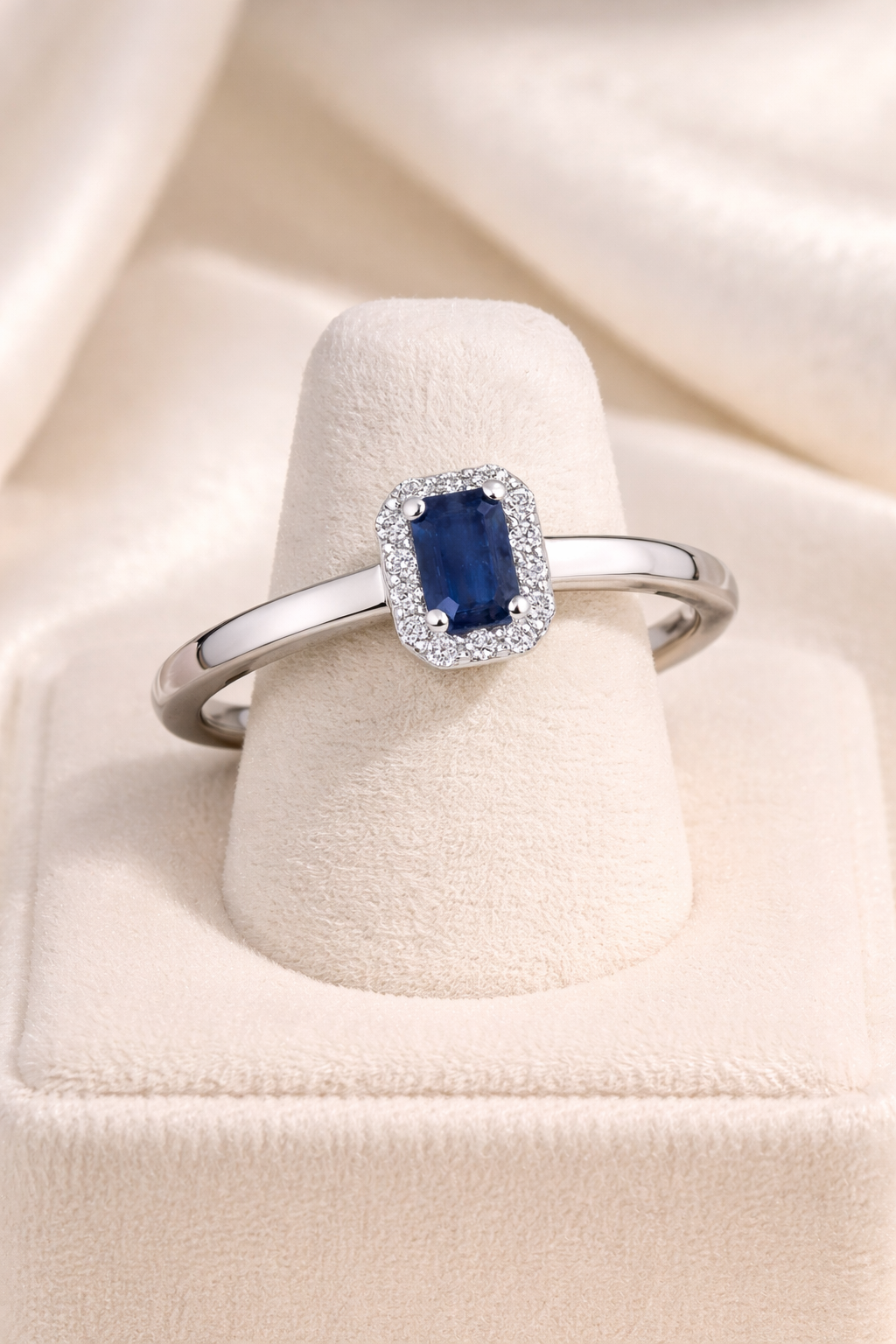 Sapphire and Diamond Ring 9ct White Gold Rectangular Cluster Size J - Q