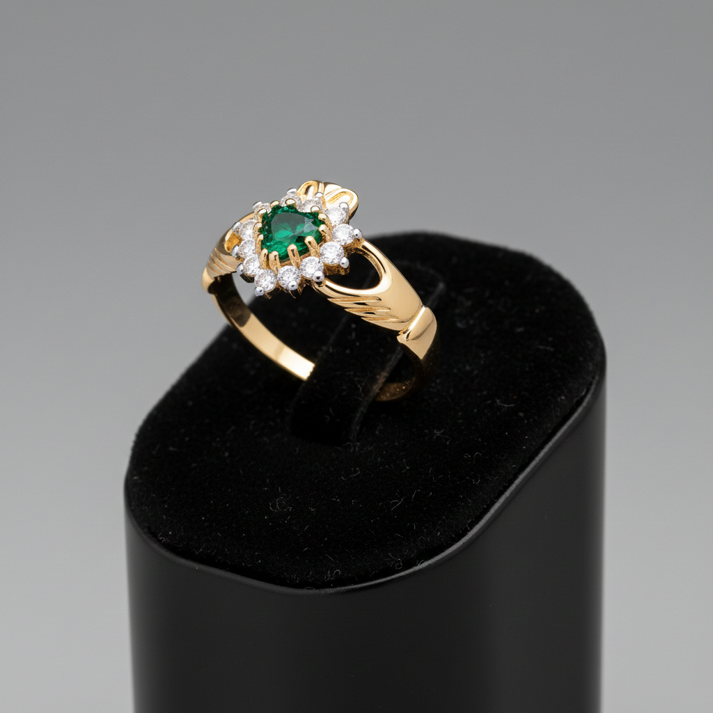 18ct Gold Emerald Claddagh Ring on Solid Sterling Silver 925 Hallmark