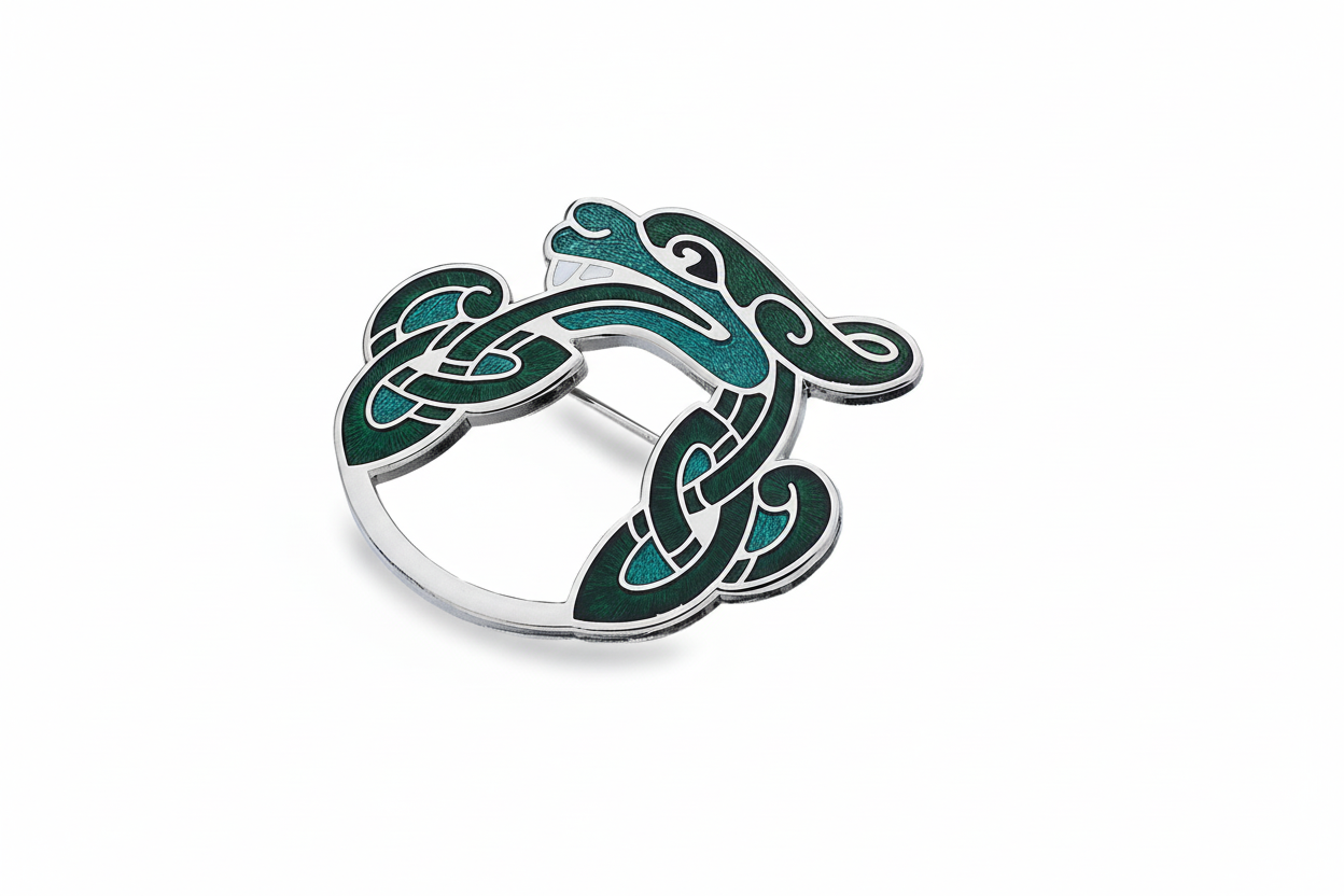 Celtic Dragon Brooch Silver Plated Green Brand New Gift Packaging