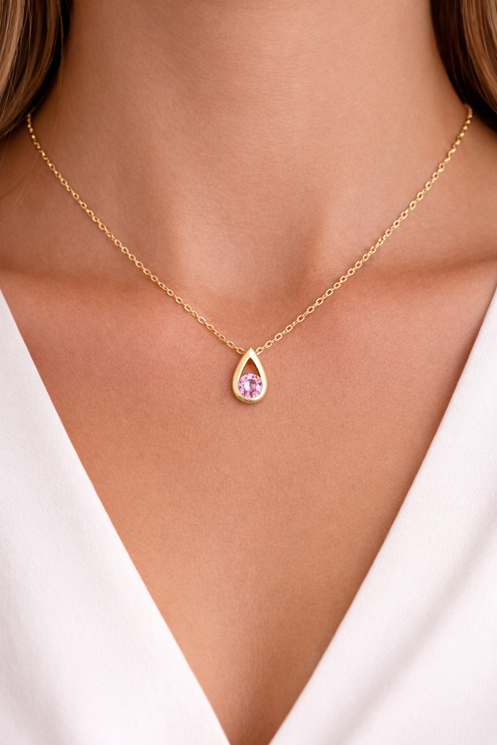 Pink Sapphire Teardrop Pendant Solid Yellow Gold 18" 46cm Length Chain