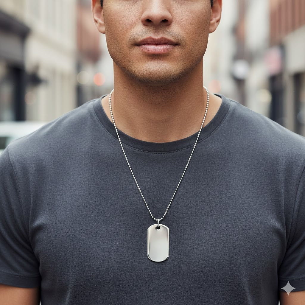 Gents Dog Tag Necklace on 24" Ball Chain Solid Sterling Silver Hallmarked