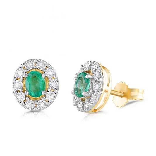 9ct Yellow Gold Emerald and Diamond Oval Stud Earrings Hallmarked