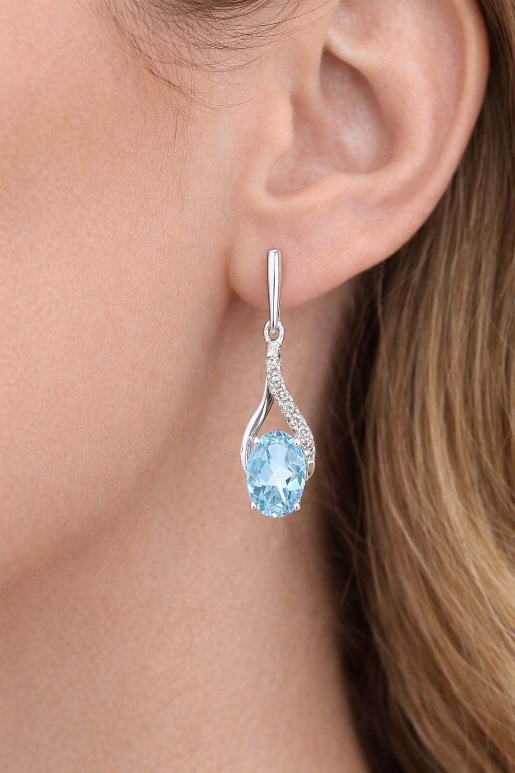 Natural Blue Topaz and Diamond Earrings Solid 9ct White Gold Drops Hallmarked