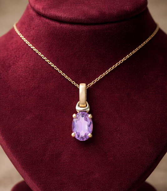 Natural Amethyst Oval Solitaire Pendant Solid Yellow Gold 18" 46cm Length Chain