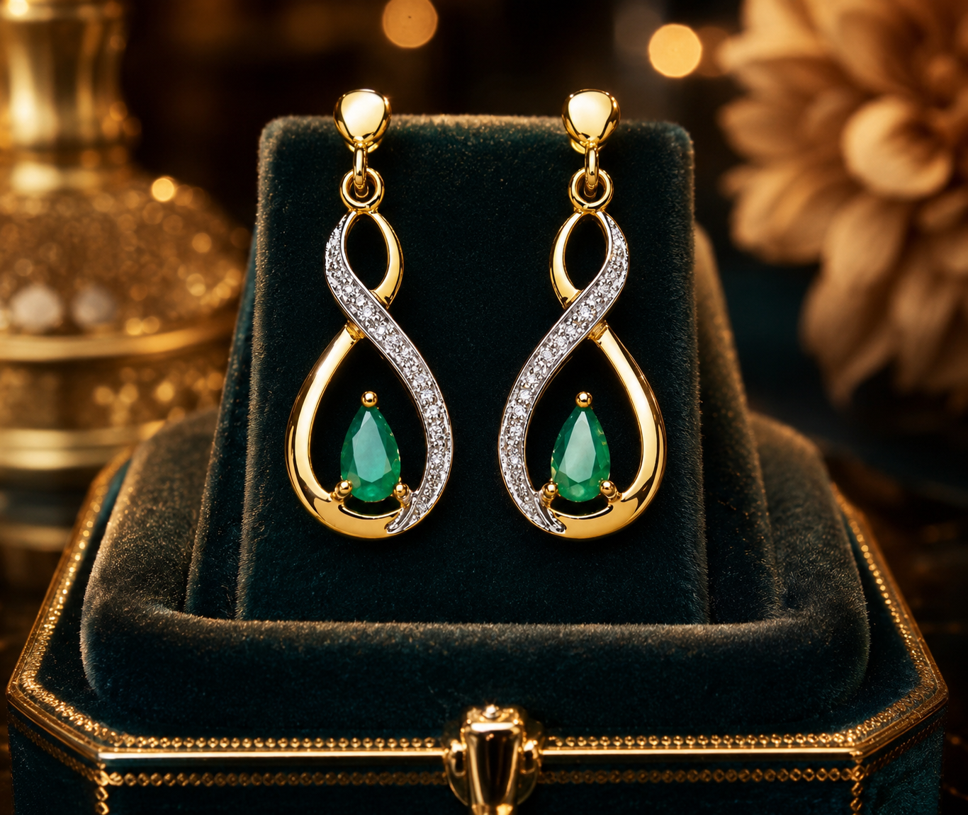 Yellow Gold Emerald Pear & Diamond Gemstone Infinity Twist Drop Dangle Earrings