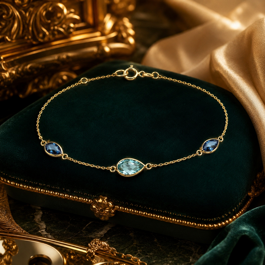 Blue Topaz Station Bracelet Yellow Gold 375 Hallmark 17.5-19cm