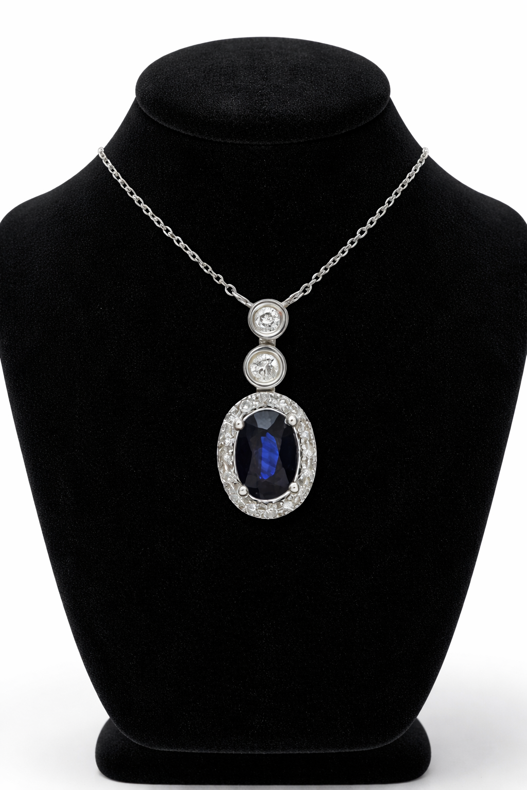 Sapphire and  Diamond Halo Pendant 9ct White Gold 16" 41cm Length Chain