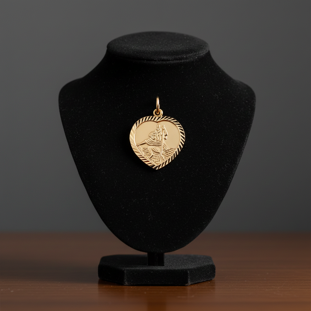 18ct Gold Heart St Christopher Religious Medal on Solid Sterling Silver 925