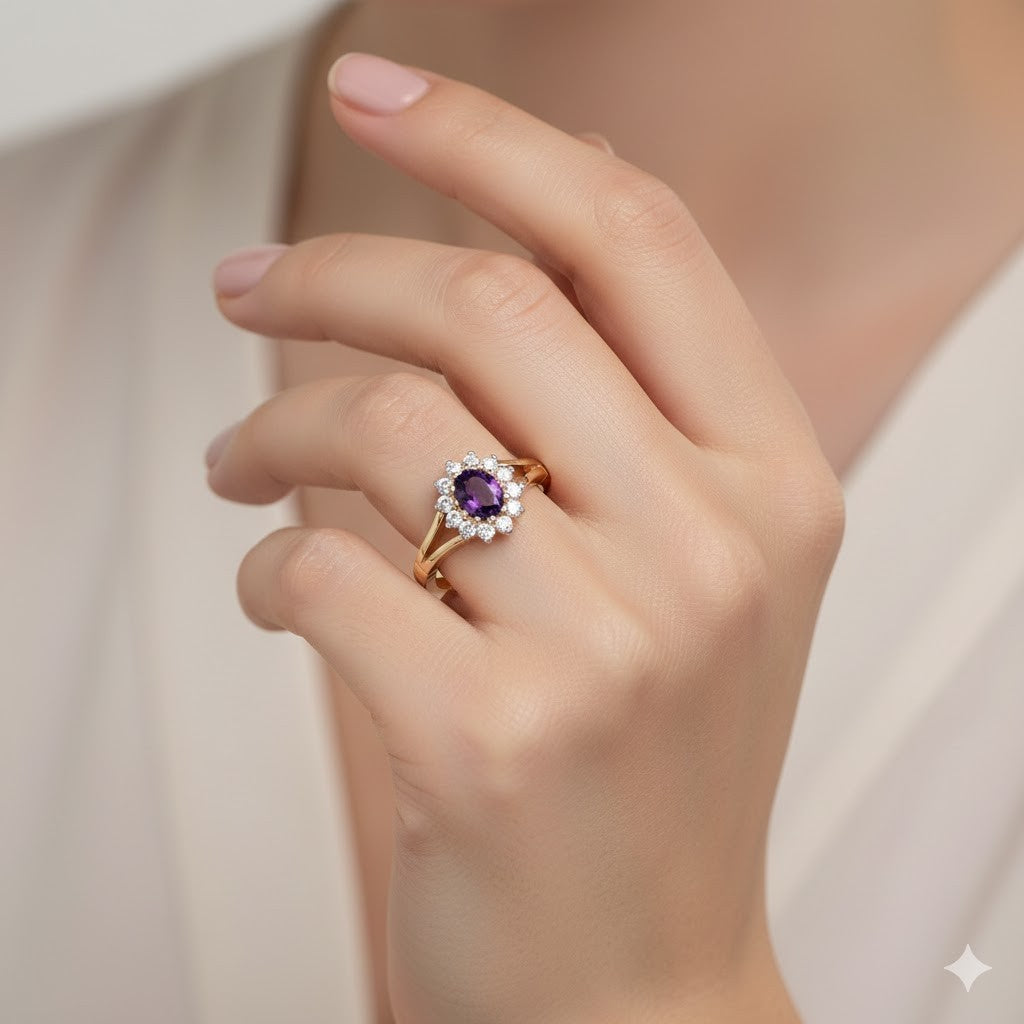 18ct Gold Amethyst Cluster Ring on Solid Sterling Silver  925 Hallmark