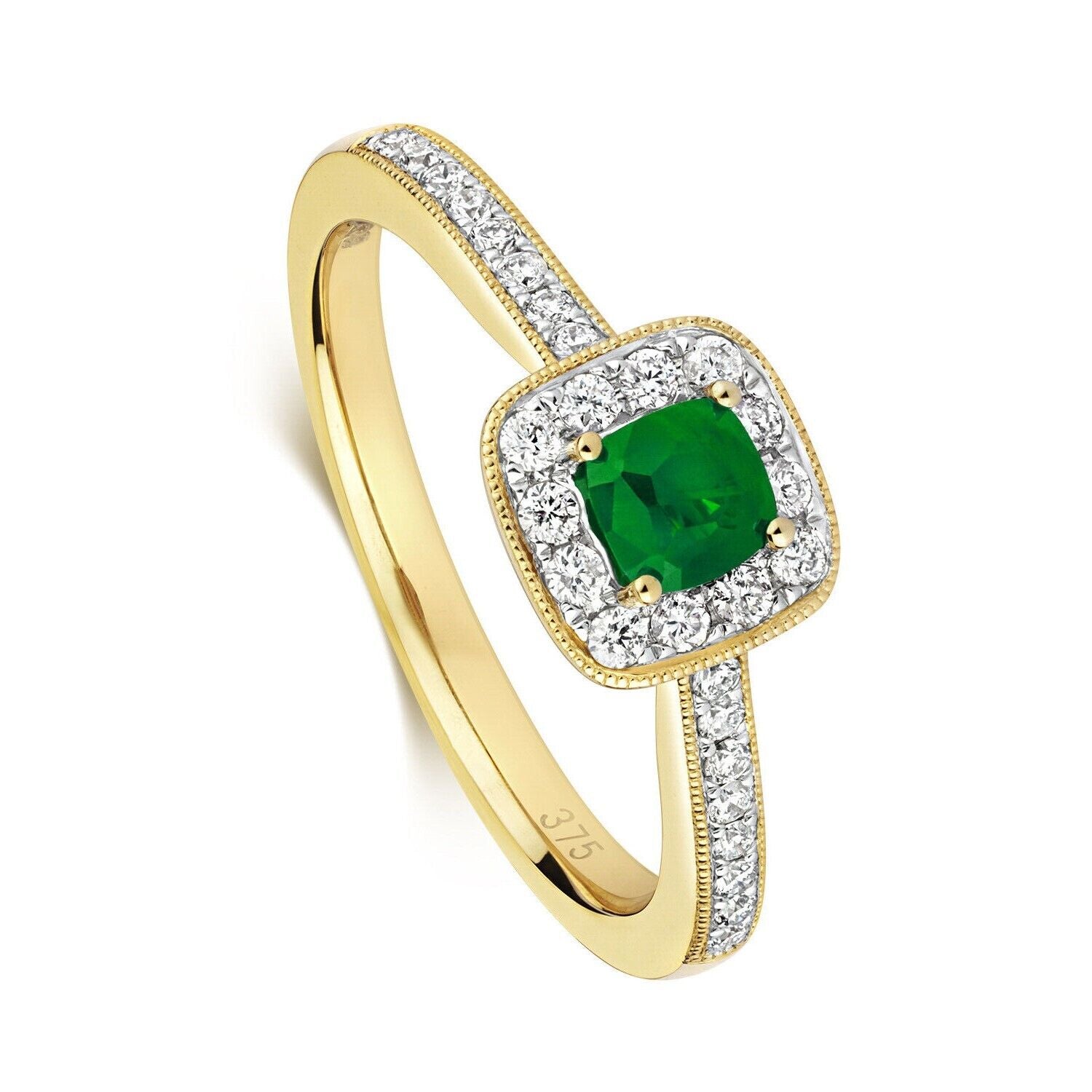 Real Emerald and Diamond Ring 9ct Yellow Gold Cushion Cluster Engagement